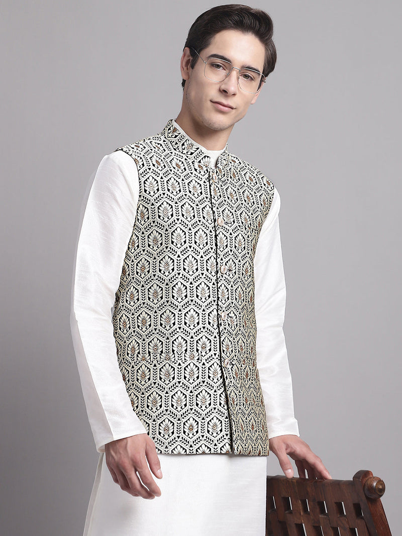 Men's Black and Silver Woven Design Nehru Jacket