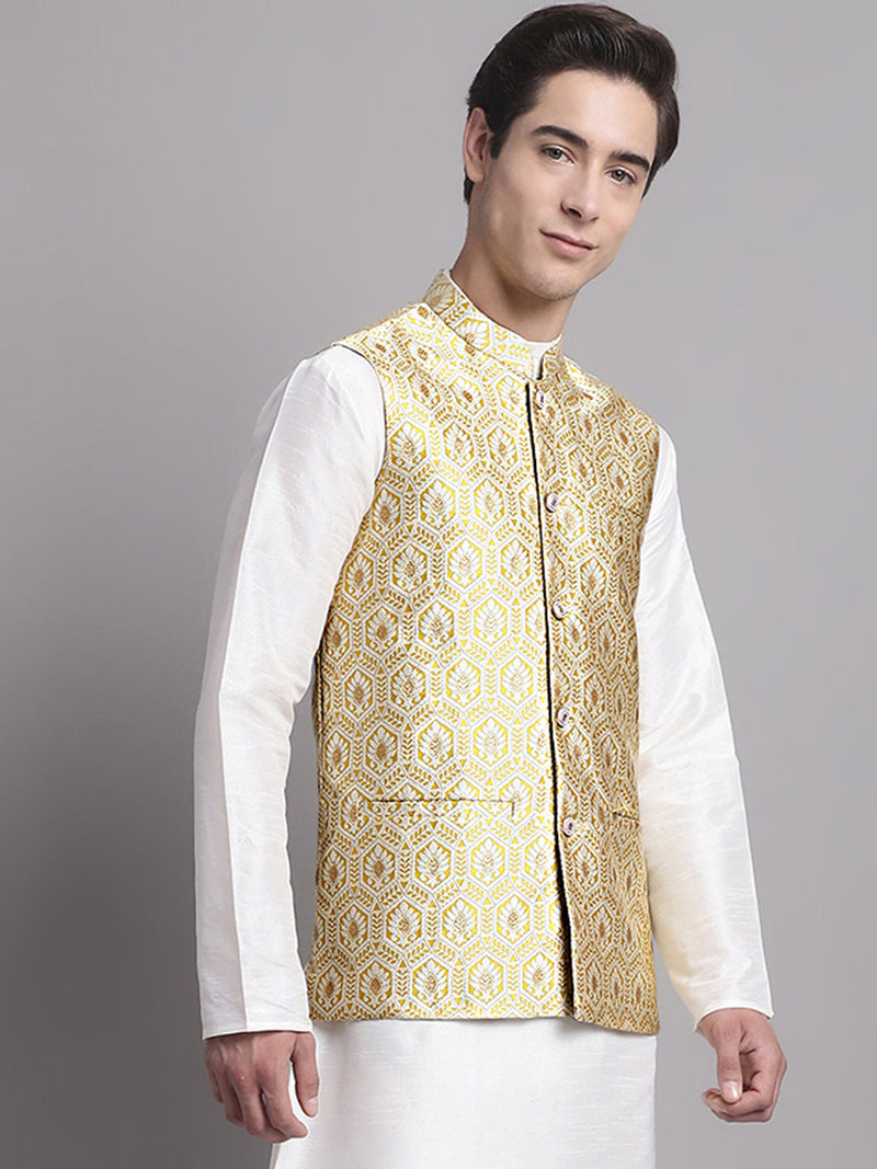 Men's Golden Woven Design Nehru Jacket