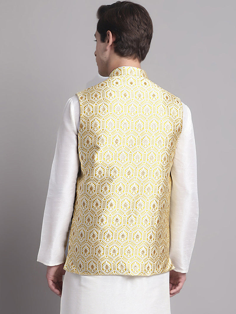 Men's Golden Woven Design Nehru Jacket