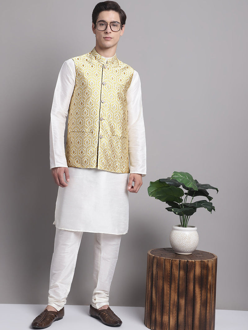 Men's Golden Woven Design Nehru Jacket