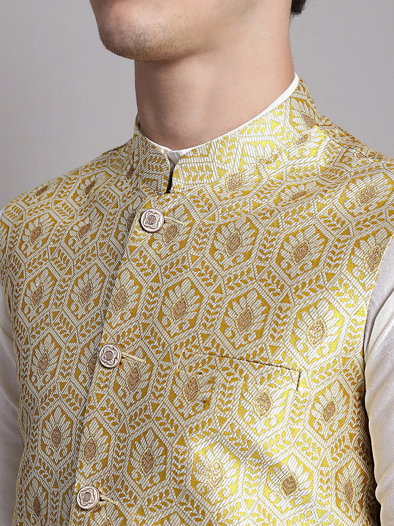 Men's Golden Woven Design Nehru Jacket