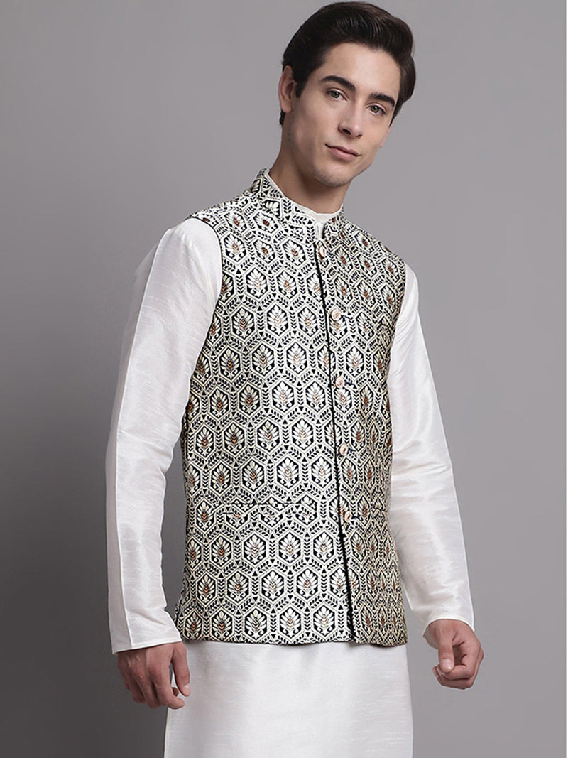 Men's Navy Blue and Silver Woven Design Nehru Jacket