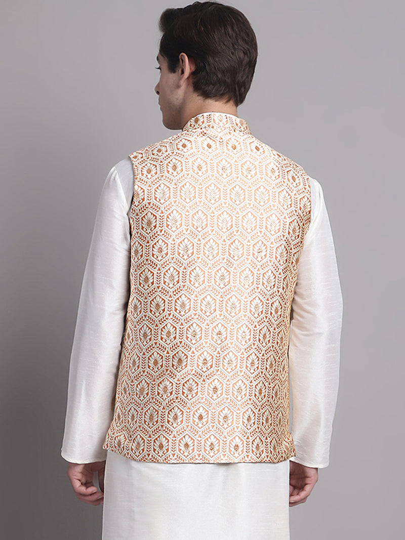 Men's Peach and Golden Woven Design Nehru Jacket