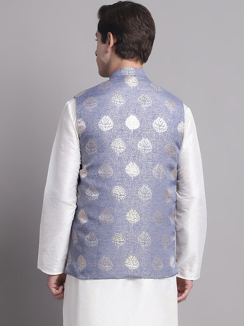 Men's Blue and Golden Printed Nehru Jacket