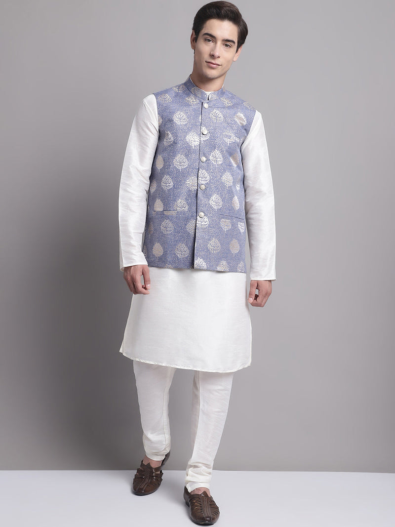 Men's Blue and Golden Printed Nehru Jacket