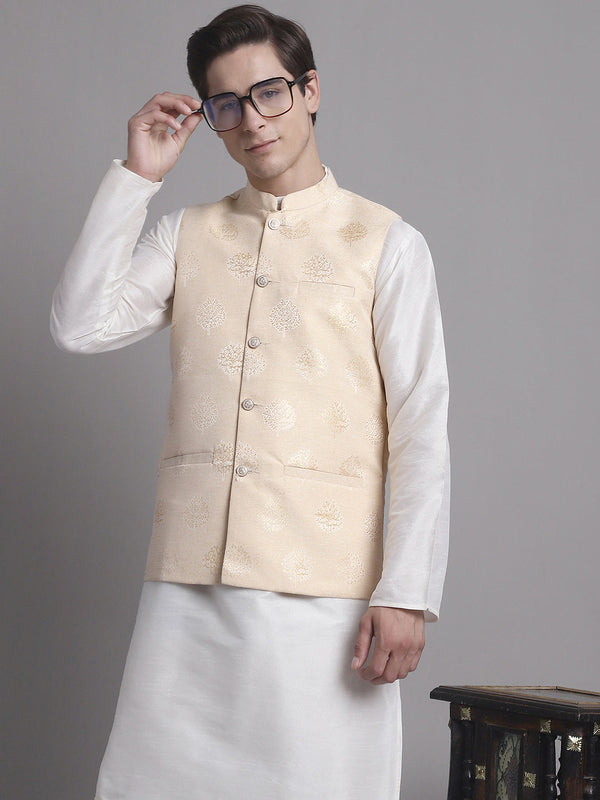 Men's Cream and Golden Printed Nehru Jacket