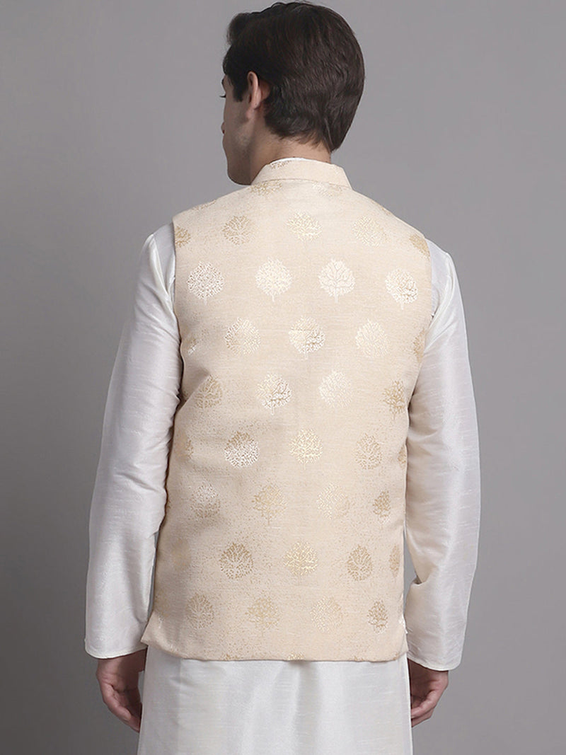 Men's Cream and Golden Printed Nehru Jacket