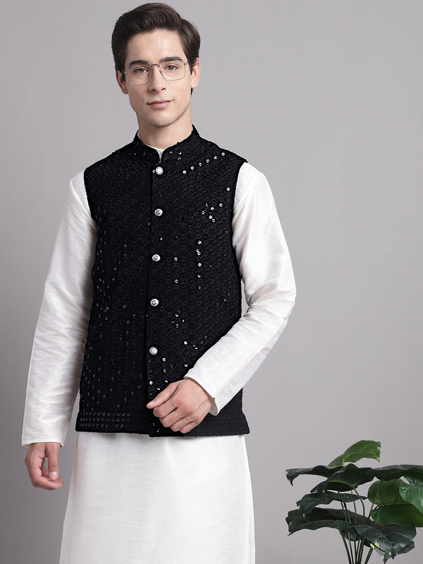 Men's Black Sequins and Embroidered Nehru Jacket