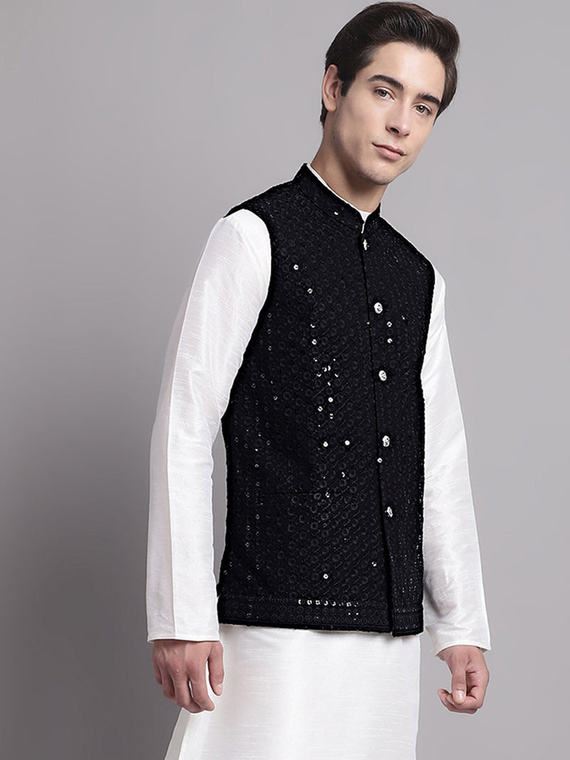 Men's Black Sequins and Embroidered Nehru Jacket