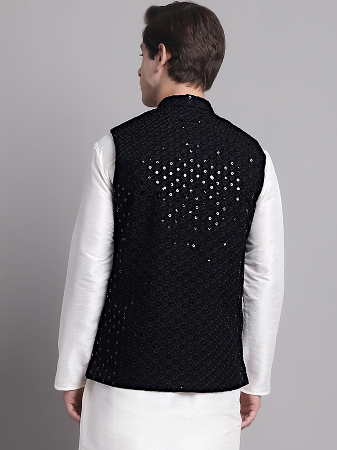 Men's Black Sequins and Embroidered Nehru Jacket