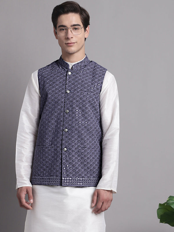 Men's Grey Sequins and Embroidered Nehru Jacket