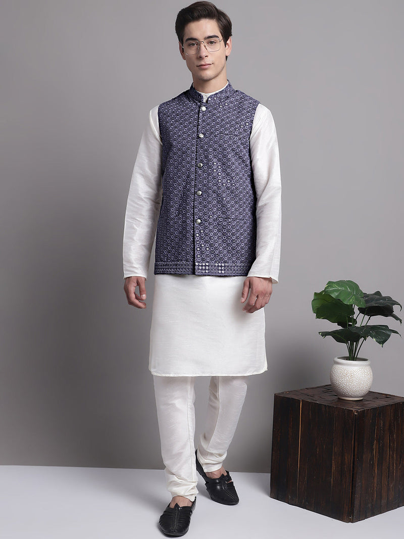 Men's Grey Sequins and Embroidered Nehru Jacket