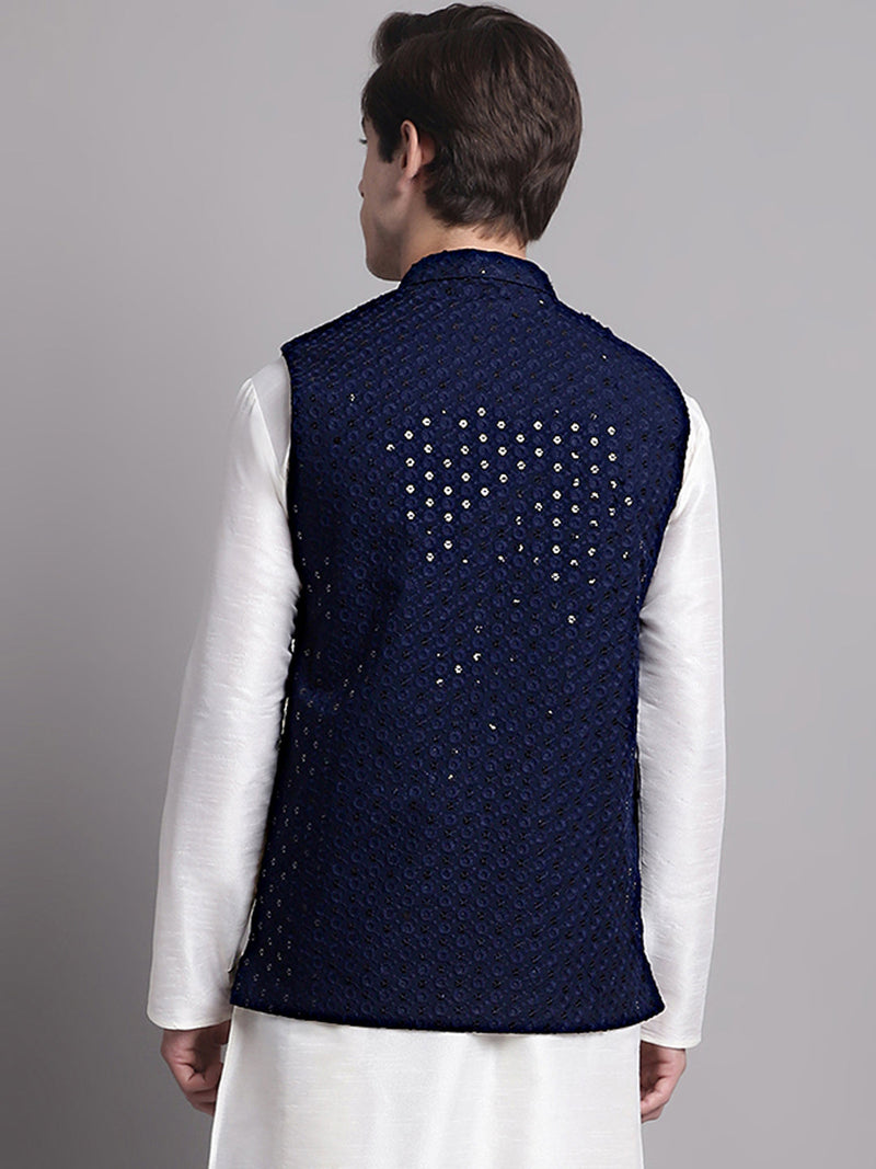 Men's Navy Blue Sequins and Embroidered Nehru Jacket