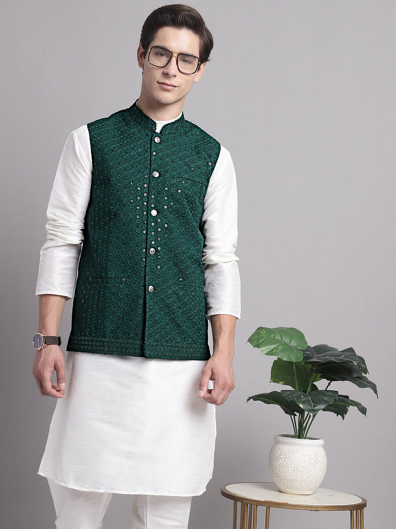 Men's Olive Green Sequins and Embroidered Nehru Jacket