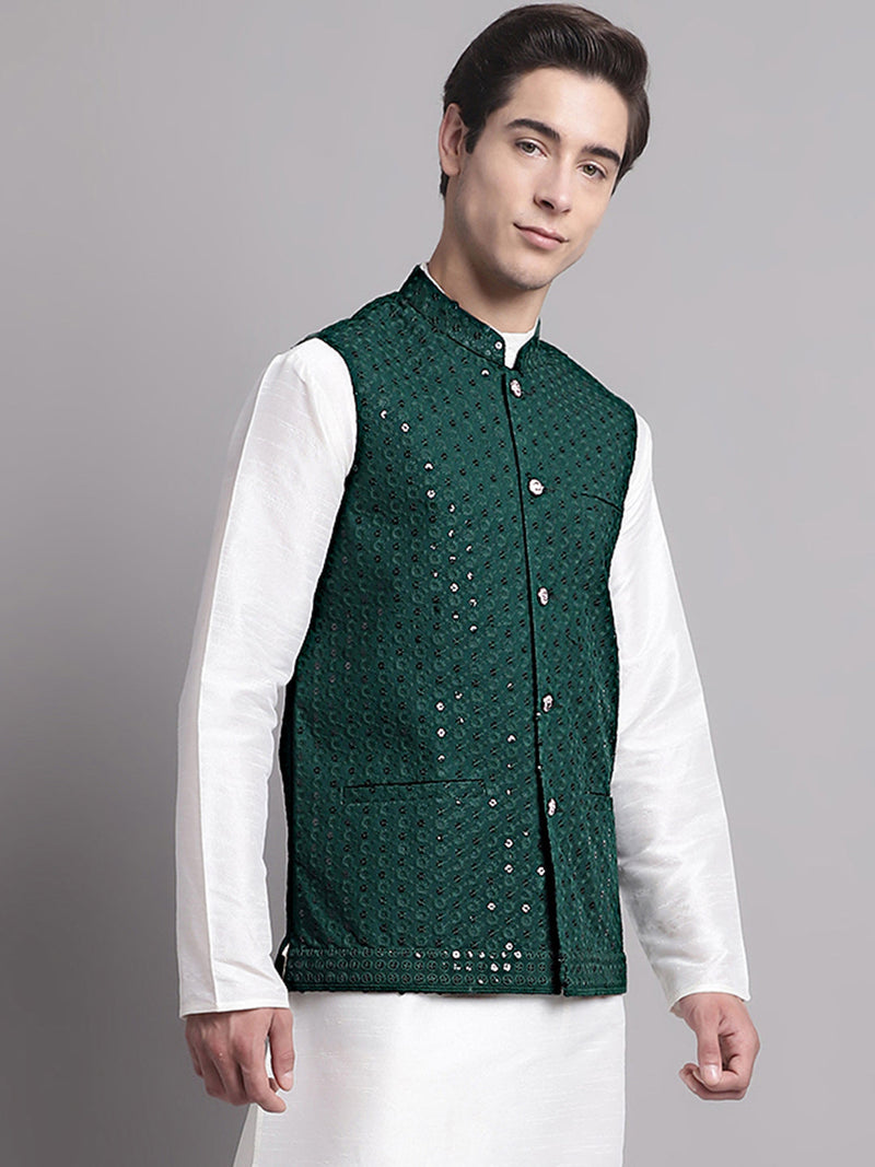 Men's Olive Green Sequins and Embroidered Nehru Jacket