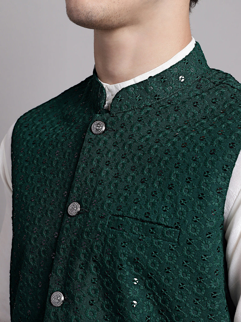 Men's Olive Green Sequins and Embroidered Nehru Jacket