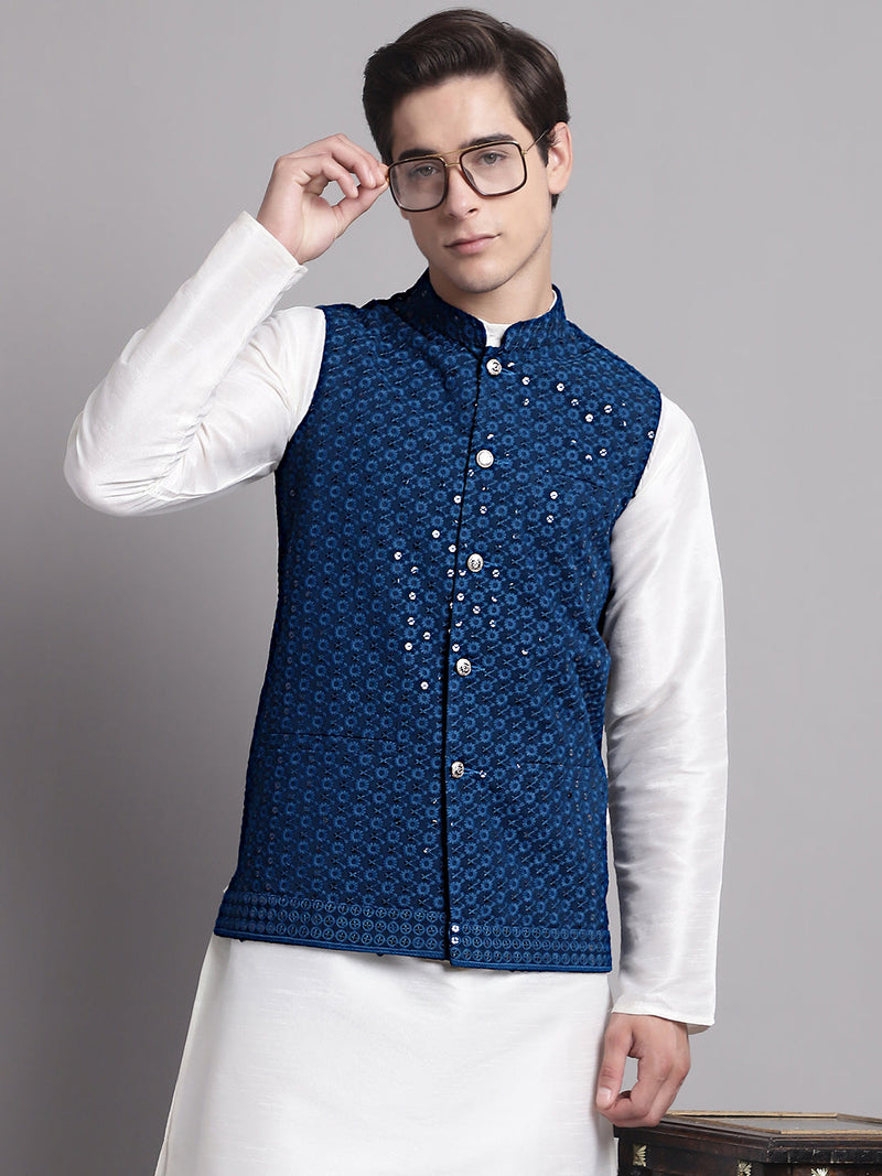 Men's Peacock Blue Sequins and Embroidered Nehru Jacket