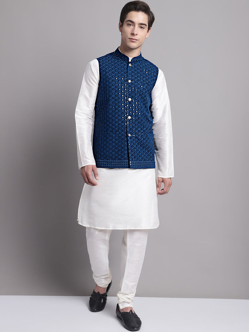 Men's Peacock Blue Sequins and Embroidered Nehru Jacket