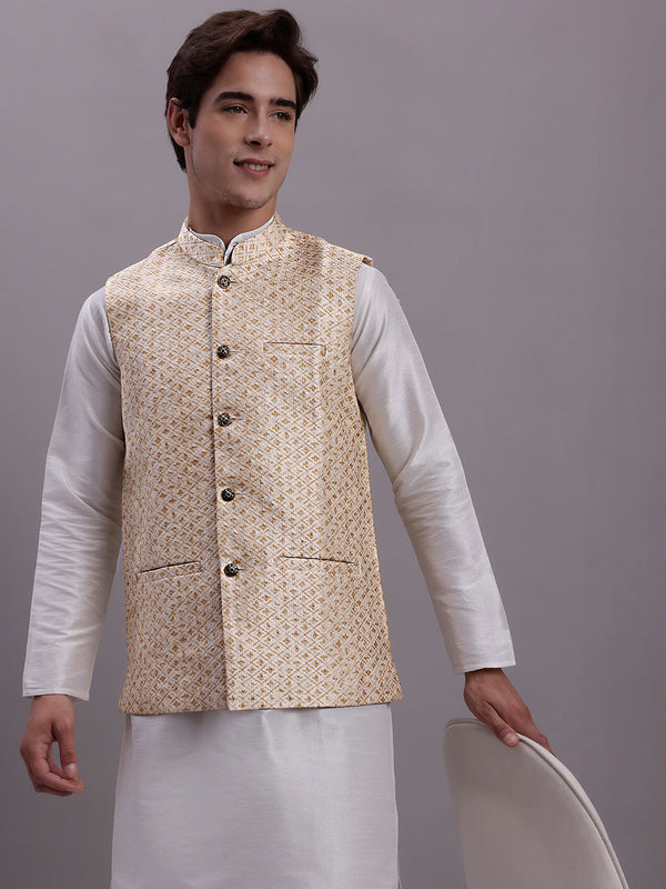 Men's Cream Woven Design Nehru Jacket With Solid Kurta Pyjama.