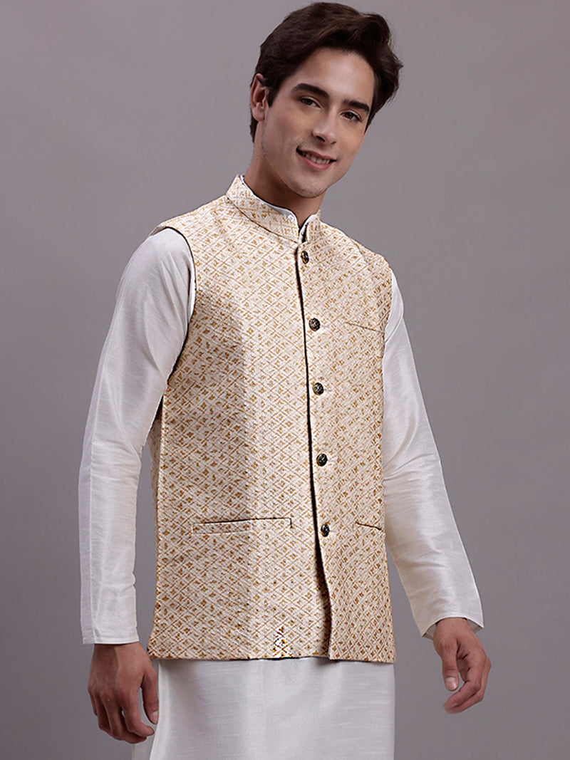 Men's Cream Woven Design Nehru Jacket With Solid Kurta Pyjama.