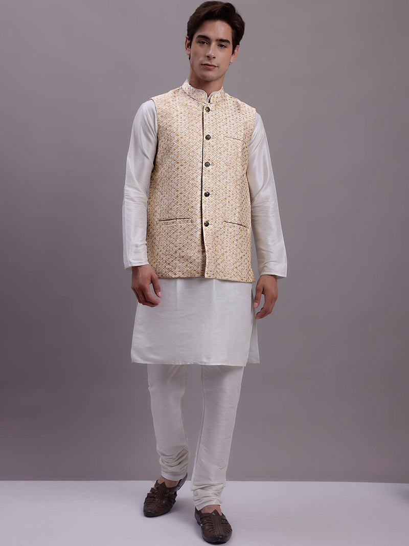 Men's Cream Woven Design Nehru Jacket With Solid Kurta Pyjama.