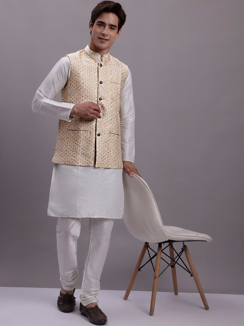 Men's Cream Woven Design Nehru Jacket With Solid Kurta Pyjama.