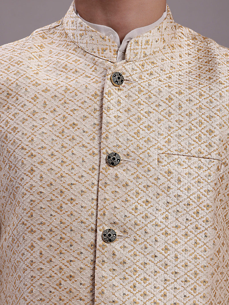 Men's Cream Woven Design Nehru Jacket With Solid Kurta Pyjama.