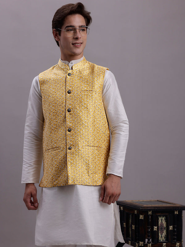 Men's Golden Woven Design Nehru Jacket With Solid Kurta Pyjama.