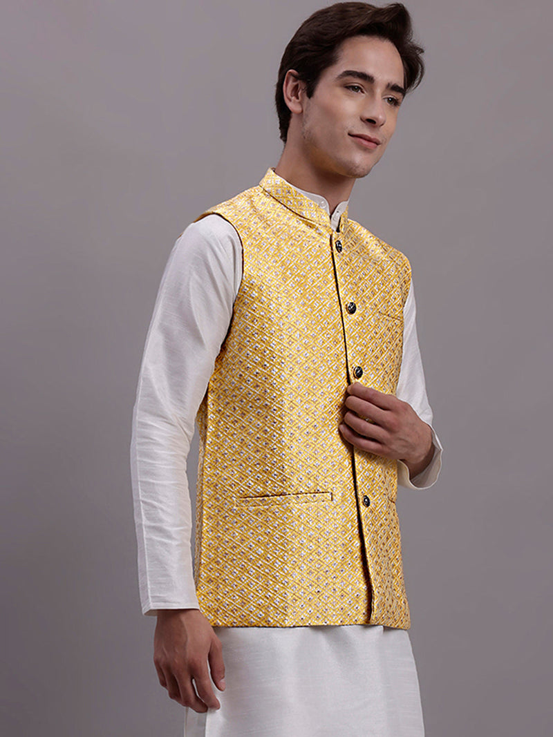 Men's Golden Woven Design Nehru Jacket With Solid Kurta Pyjama.