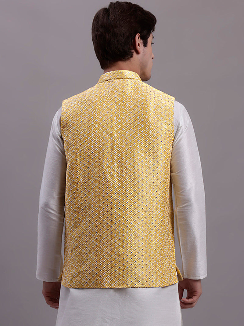 Men's Golden Woven Design Nehru Jacket With Solid Kurta Pyjama.