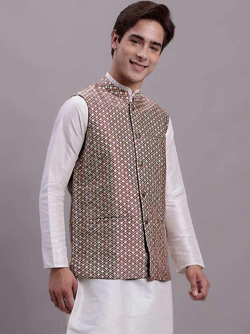 Men's Peach Woven Design Nehru Jacket With Solid Kurta Pyjama.