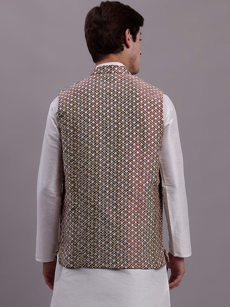 Men's Peach Woven Design Nehru Jacket With Solid Kurta Pyjama.