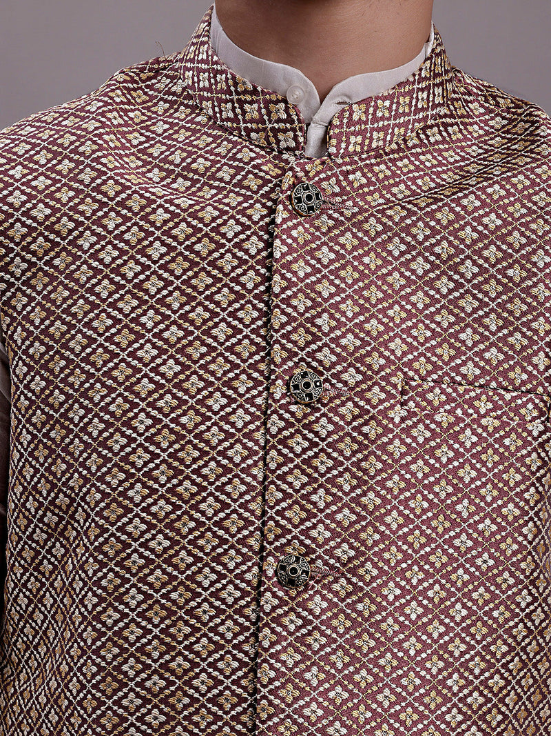 Men's Peach Woven Design Nehru Jacket With Solid Kurta Pyjama.