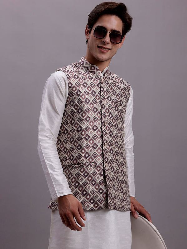 Men's Purple Woven Design Nehru Jacket With Solid Kurta Pyjama.