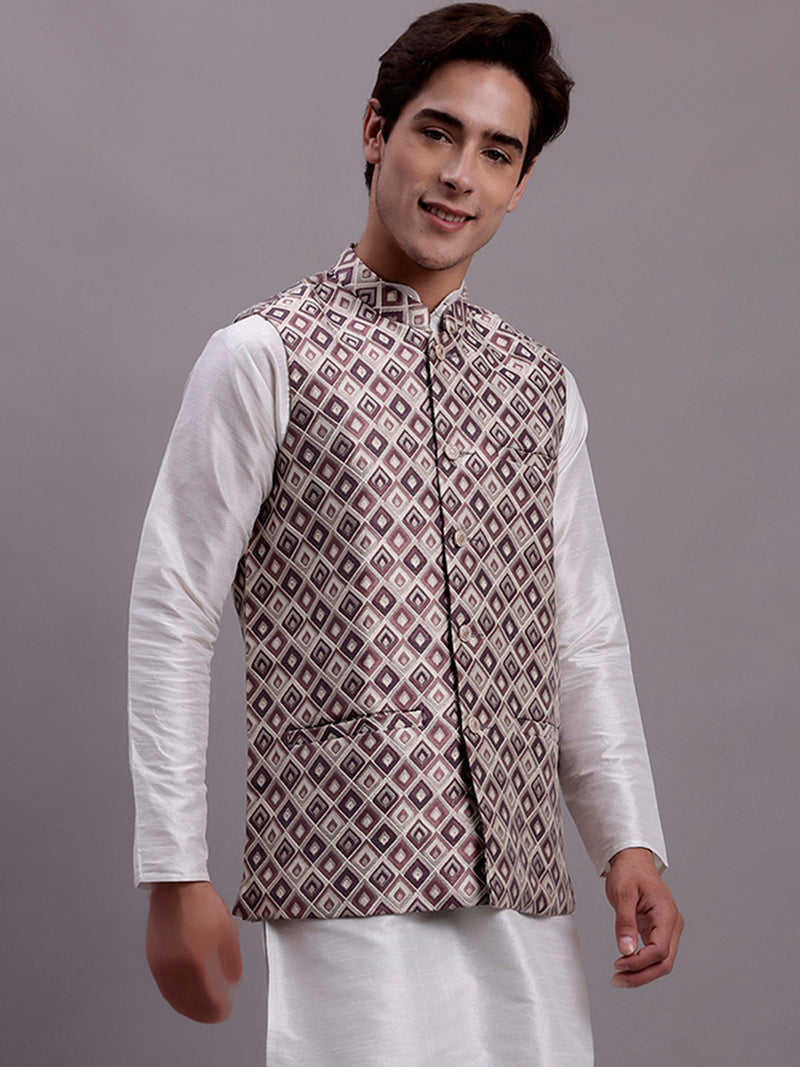 Men's Purple Woven Design Nehru Jacket With Solid Kurta Pyjama.