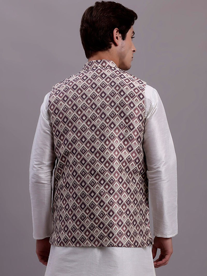 Men's Purple Woven Design Nehru Jacket With Solid Kurta Pyjama.