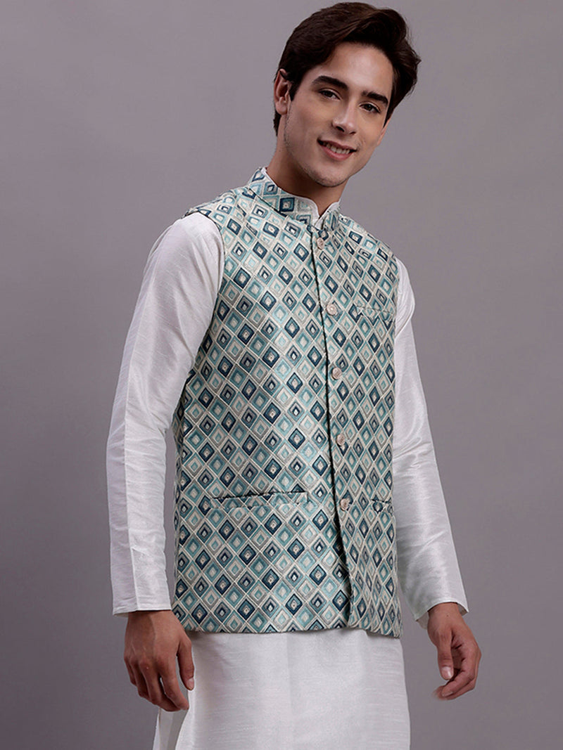 Men's Turquoise Blue Woven Design Nehru Jacket With Solid Kurta Pyjama.