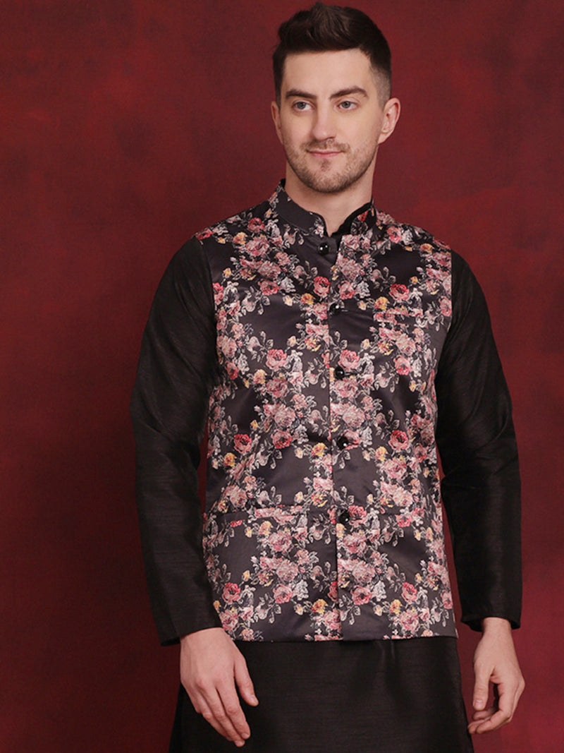 Floral Printed Nehru Jacket ( JOWC 4090Black )