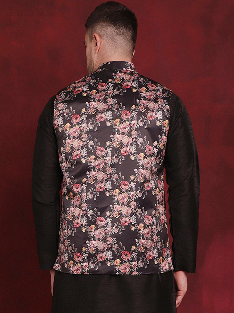 Floral Printed Nehru Jacket ( JOWC 4090Black )