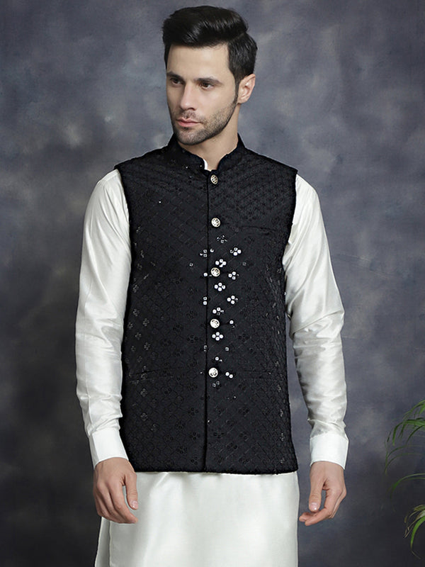 Men's embroidered and sequins Nehru Jacket ( JOWC 4093Black )