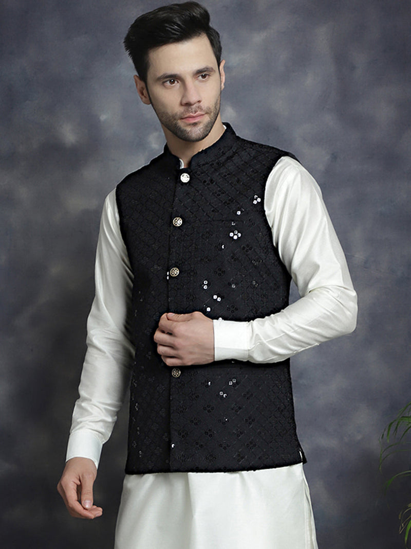 Men's embroidered and sequins Nehru Jacket ( JOWC 4093Black )