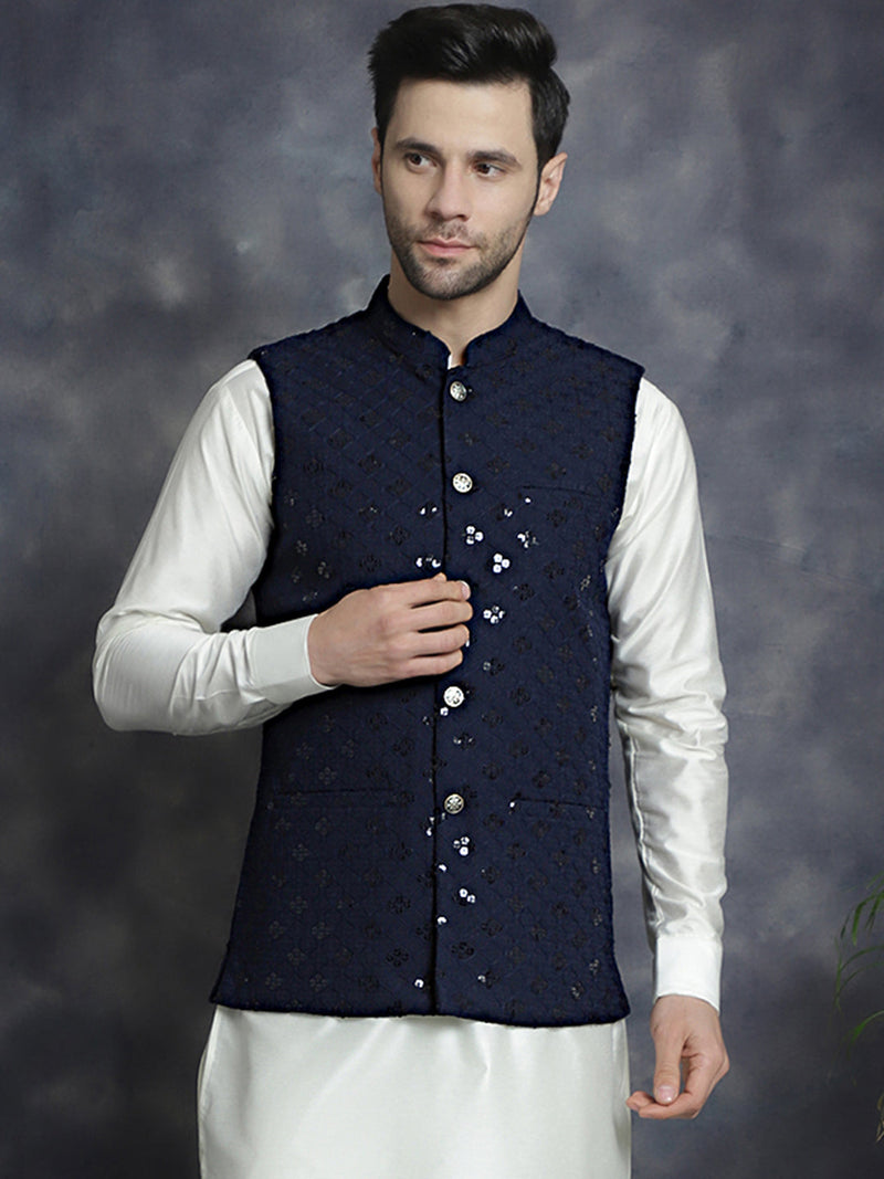 Men's embroidered and sequins Nehru Jacket ( JOWC 4093Navy )