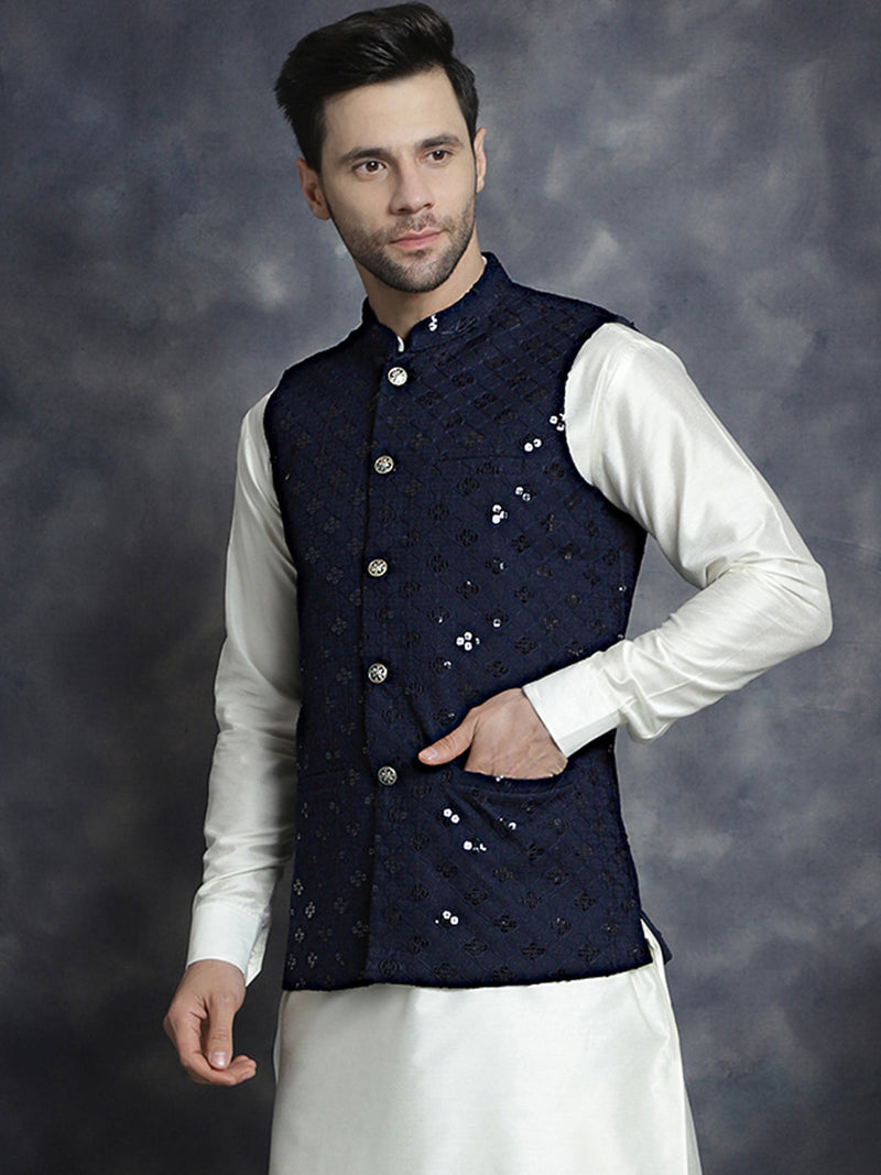 Men's embroidered and sequins Nehru Jacket ( JOWC 4093Navy )