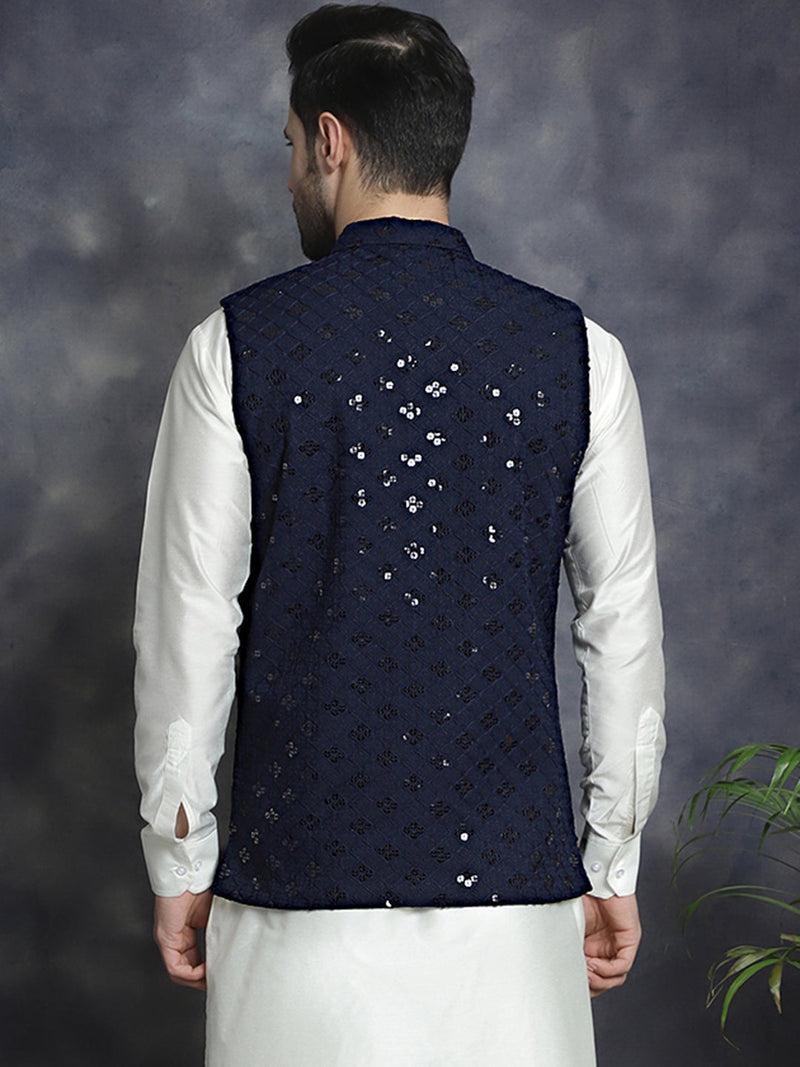 Men's embroidered and sequins Nehru Jacket ( JOWC 4093Navy )