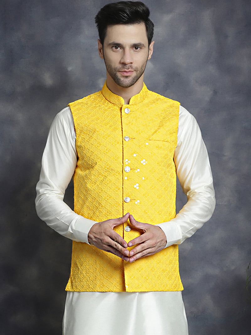 Men's embroidered and sequins Nehru Jacket ( JOWC 4093Yellow )