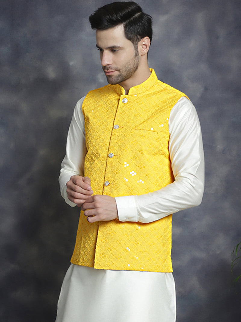 Men's embroidered and sequins Nehru Jacket ( JOWC 4093Yellow )