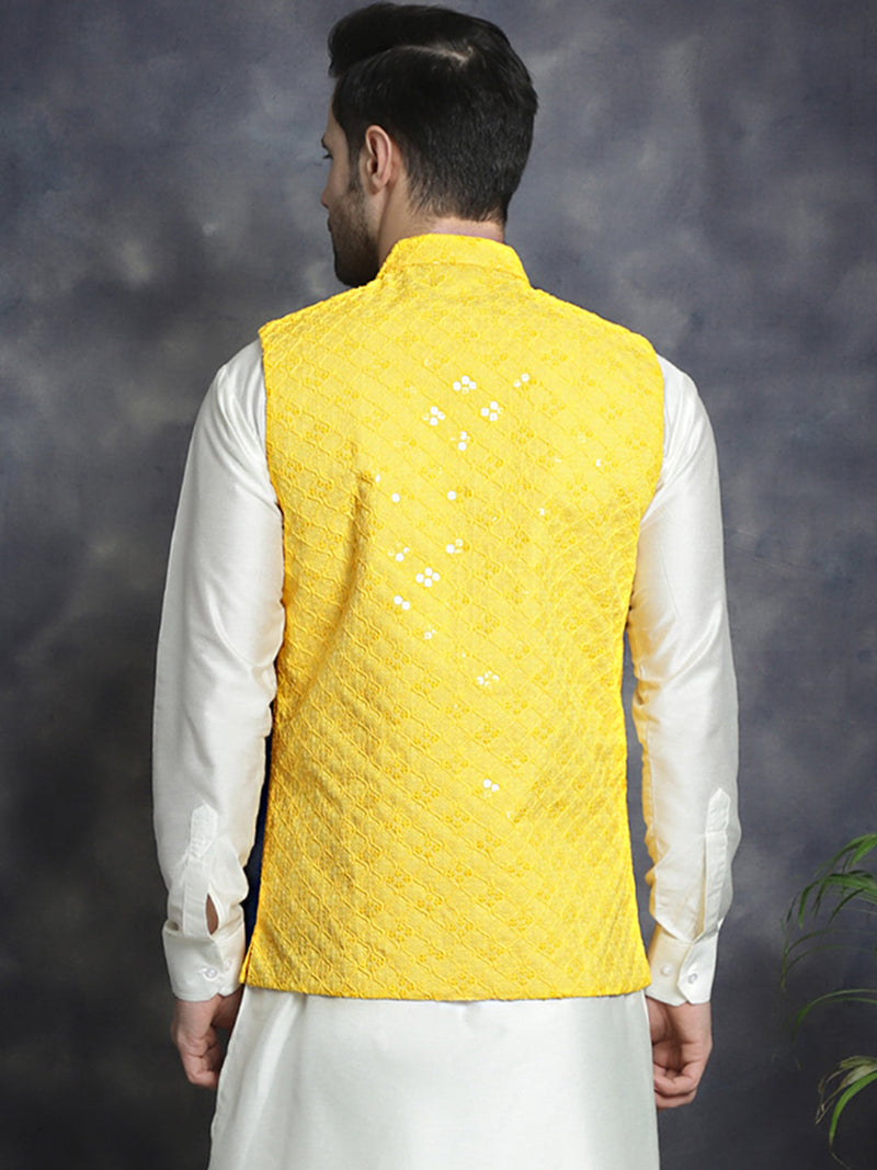 Men's embroidered and sequins Nehru Jacket ( JOWC 4093Yellow )