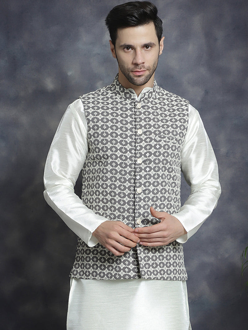 Men's embroidered and sequins Nehru Jacket ( JOWC 4094Grey )