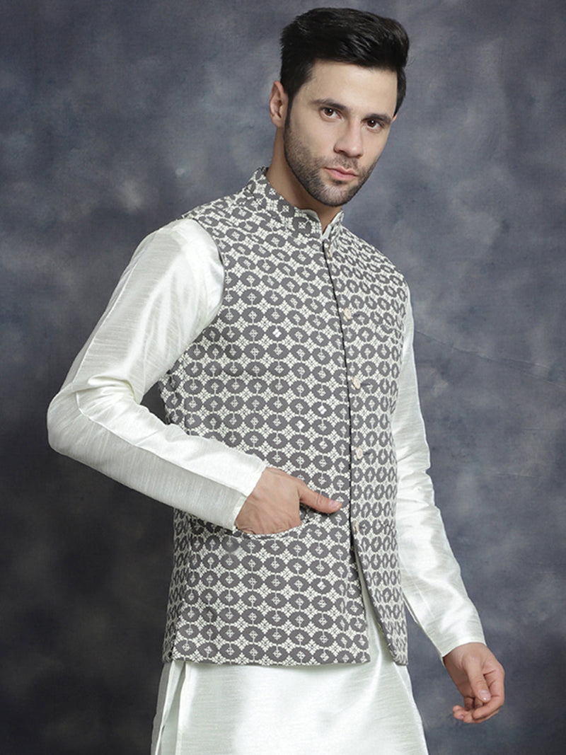 Men's embroidered and sequins Nehru Jacket ( JOWC 4094Grey )