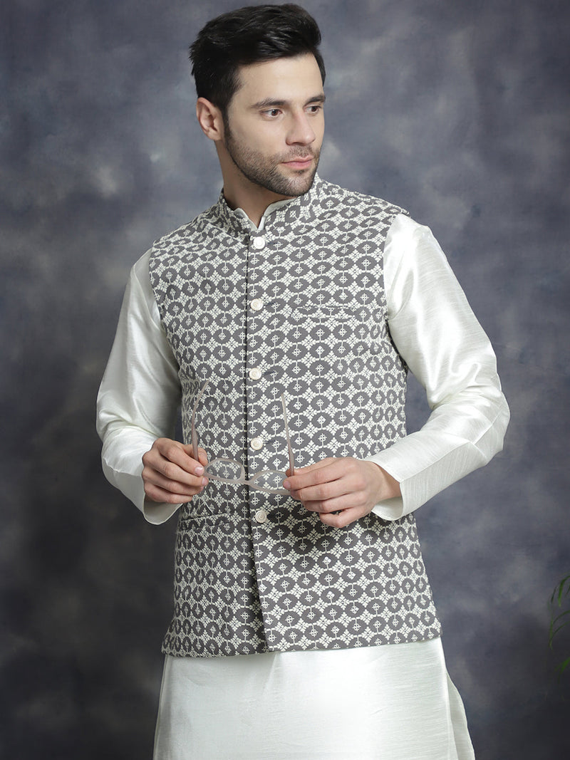 Men's embroidered and sequins Nehru Jacket ( JOWC 4094Grey )